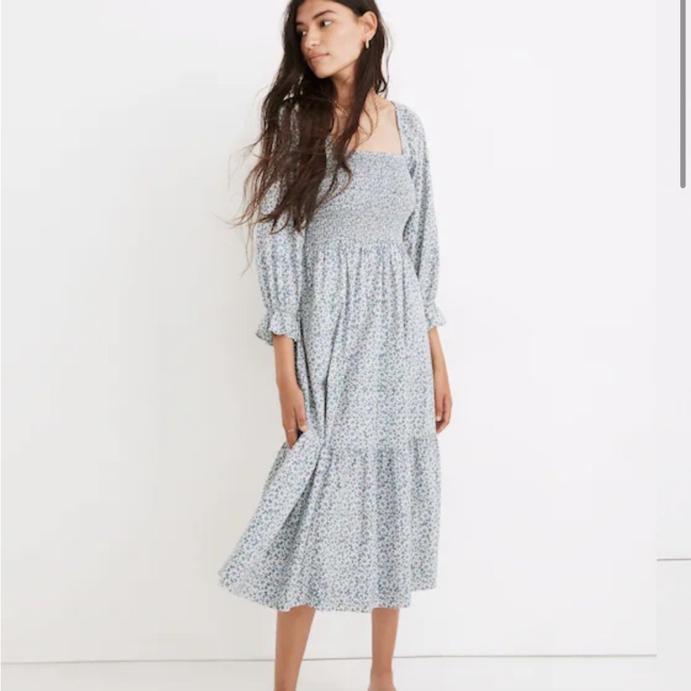 Madewell Light Blue Floral Smocked Midi Dress